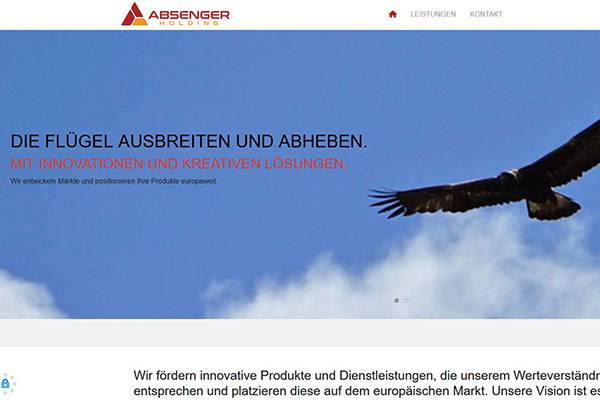 Die Homepage von Absenger Holding - zu sehen ist das Logo, Menüleiste und das große Headerbild.