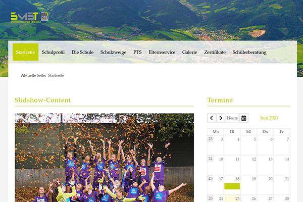 Die Homepage der Mittelschule Trofaiach mit Menüleiste, Bild und Kalender